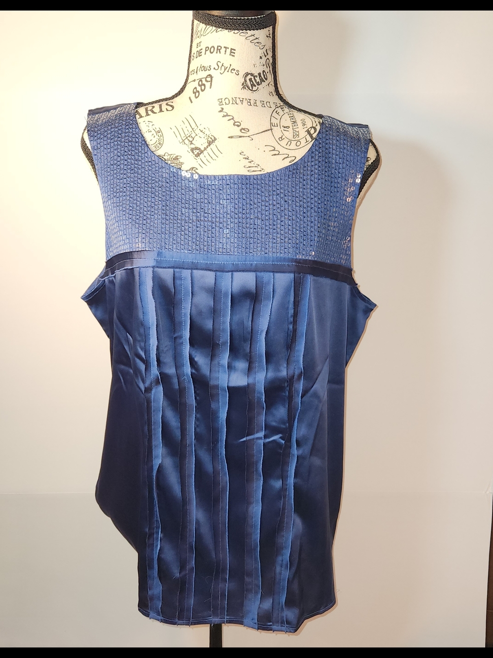 LOFT Navy Satin Pleated & Sequin Yoke Tank Top